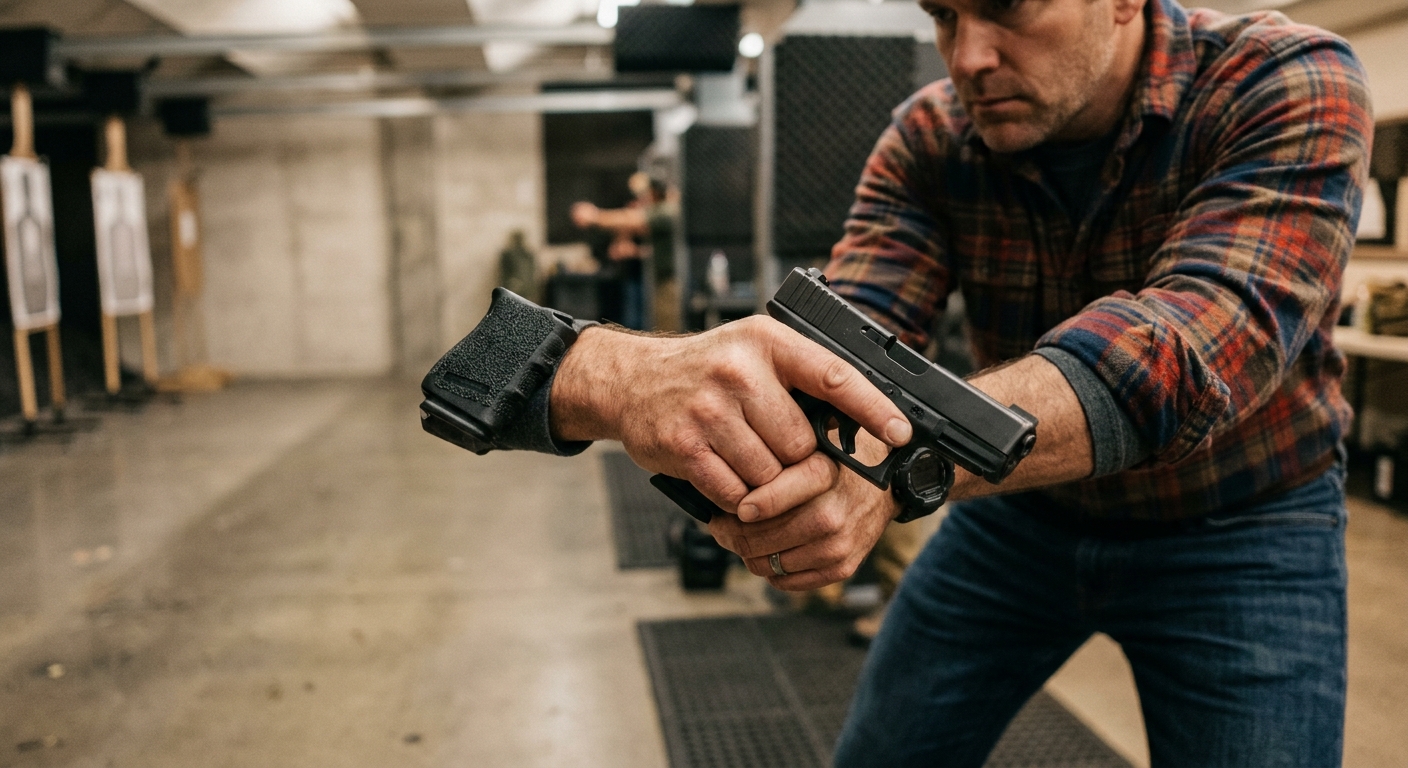 Man training with pistol at indoor range in casual clothes