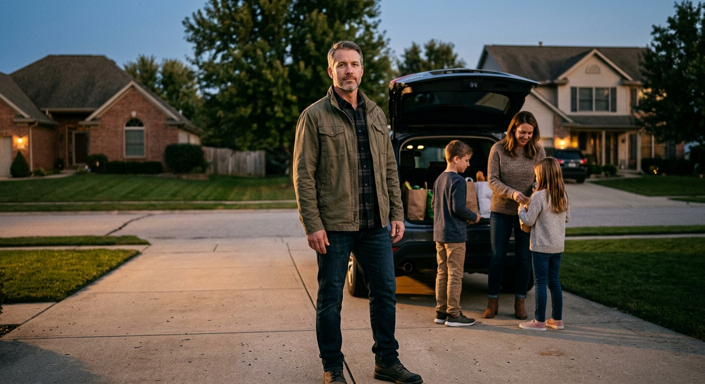 Father standing alert near family at dusk