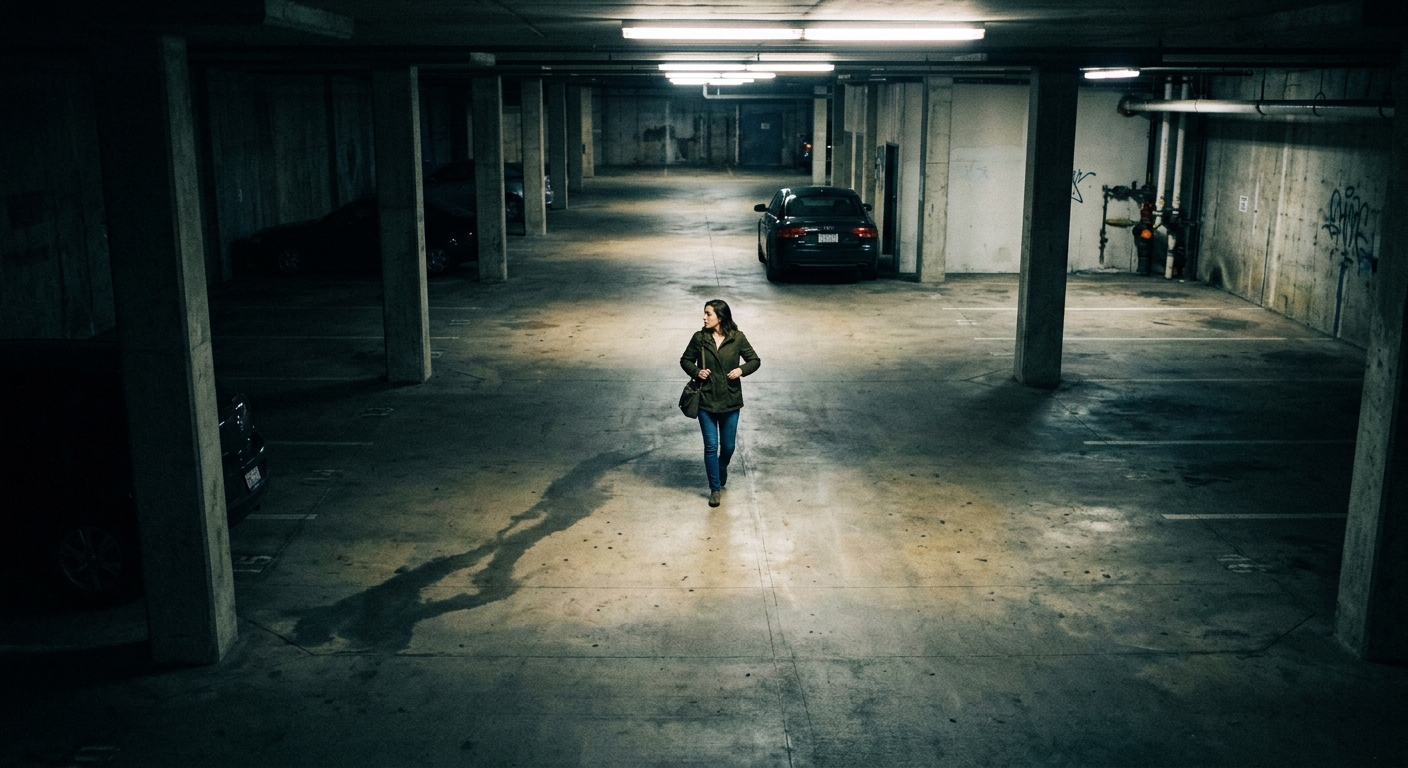 A person walking alone through a dimly lit parking garage at night