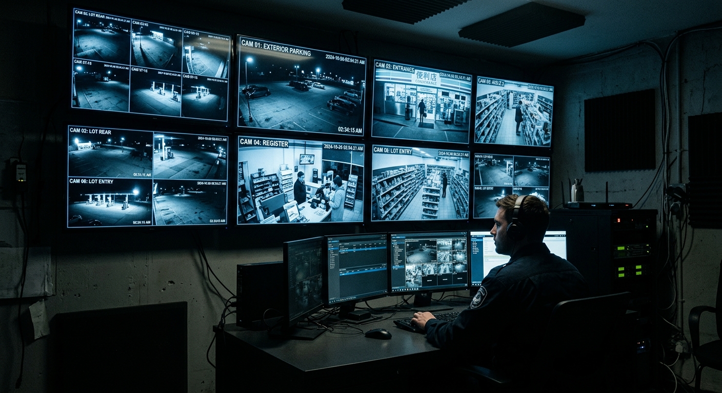 Security monitoring room with multiple CCTV feeds showing real-world encounter analysis