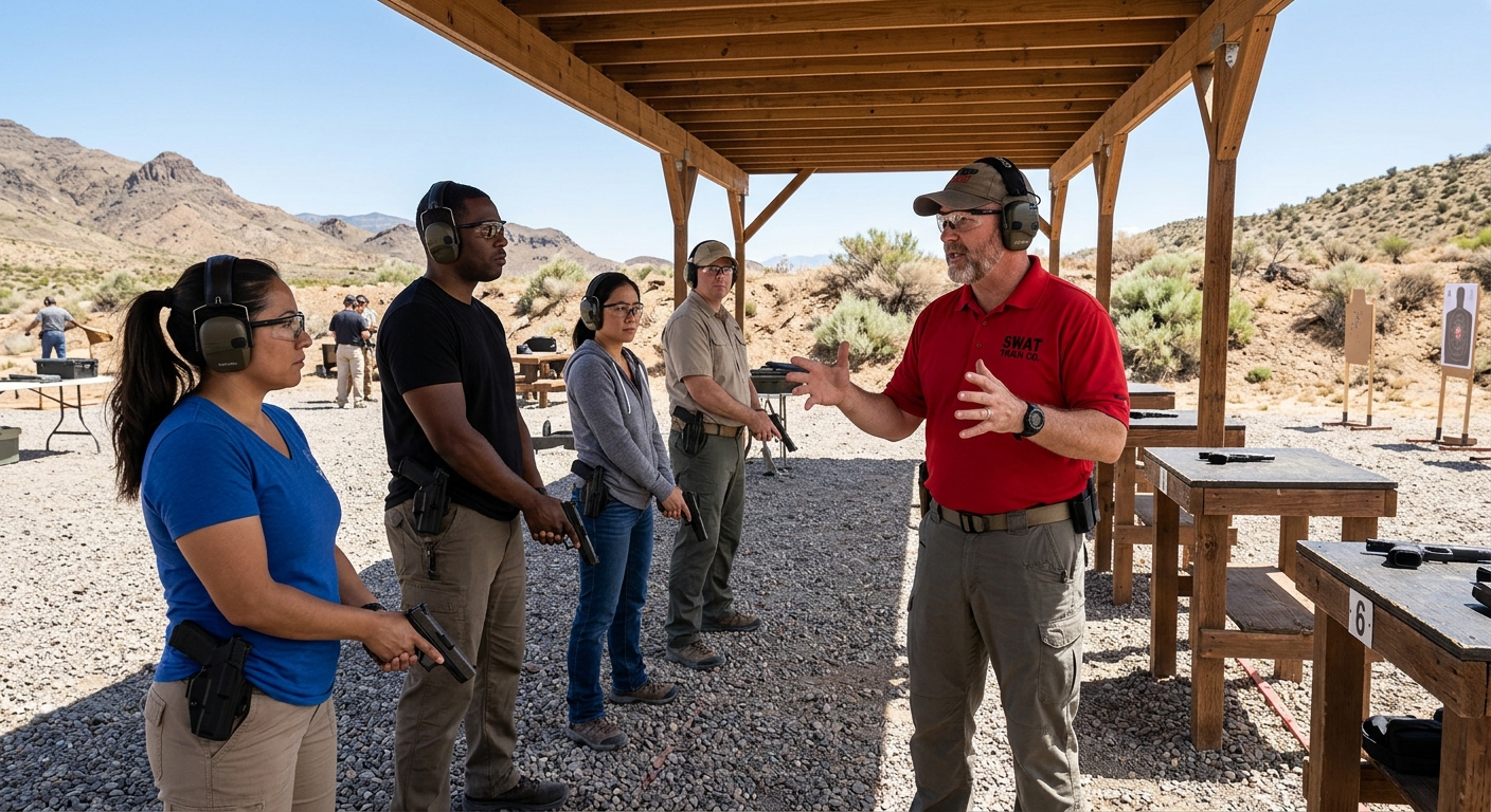Outdoor training class with instructor teaching students at a desert range