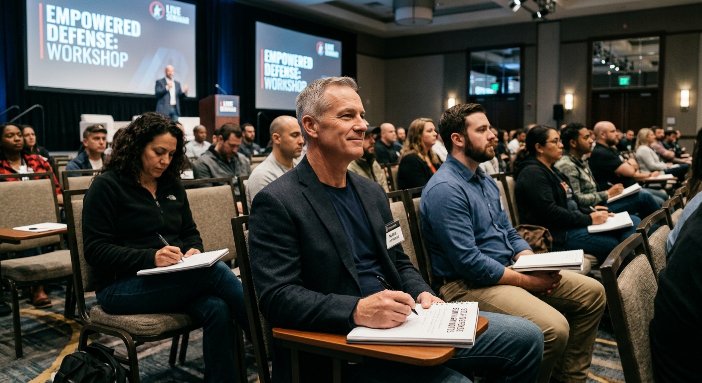 Attendees taking notes at a live self-defense training seminar